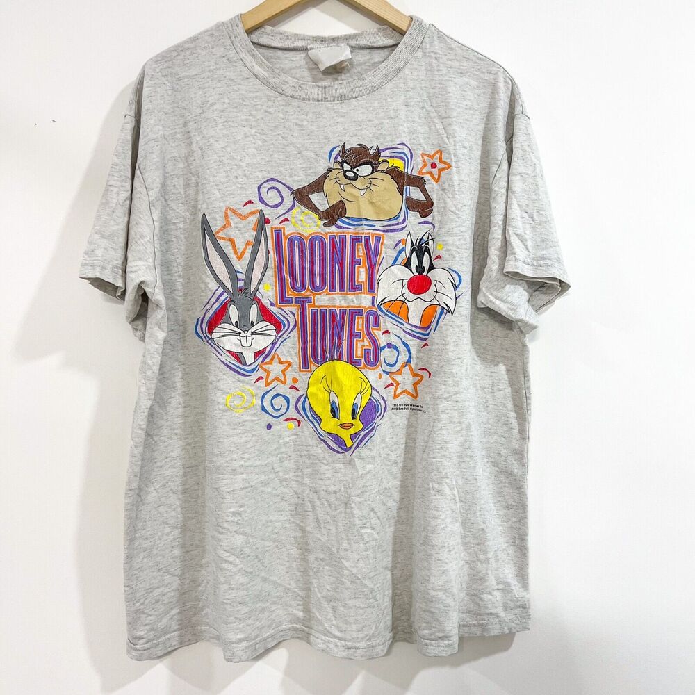 Vintage Looney Tunes T-Shirt Sz M 1994 Bugs Bunny Tweety Sylvester Taz 90s Gray - Picture 1 of 7